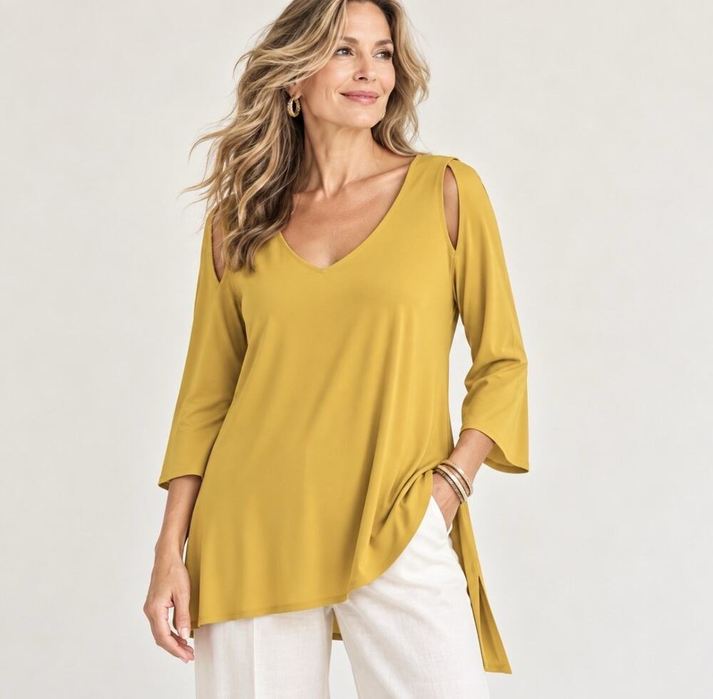 Sympli Canada Mustard Asymmetrical V Cutouts Tunic Slit Top Women’s 12 Travel